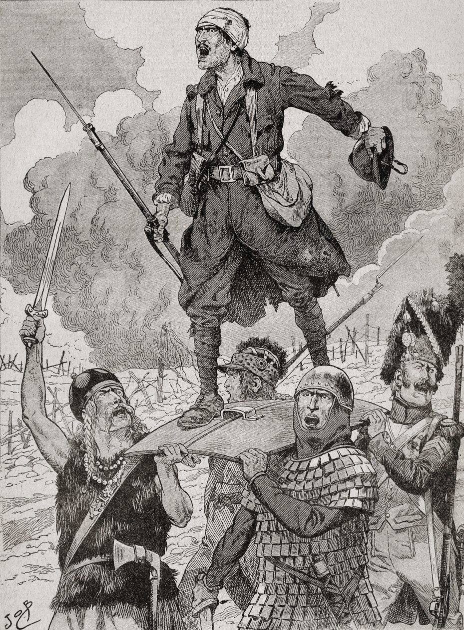 Fransk propagandaaffisch med titeln "On Les Aura", eller We Will Have Them. Fyra soldater från olika historiska perioder bär en skadad men trotsig soldat från första världskriget på en sköld. Från Agenda Buvard du Bon Marche publicerad 1917. av French School