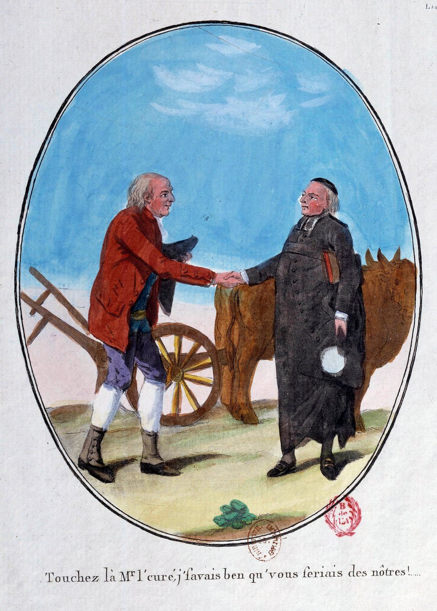 Franska revolutionen: en bonde och en präst skakar hand. "Rör på gentlemannen, jag visste att du skulle bli en av oss." Tecknad gravyr från slutet av 1700-talet. Paris, Arsenals bibliotek av French School