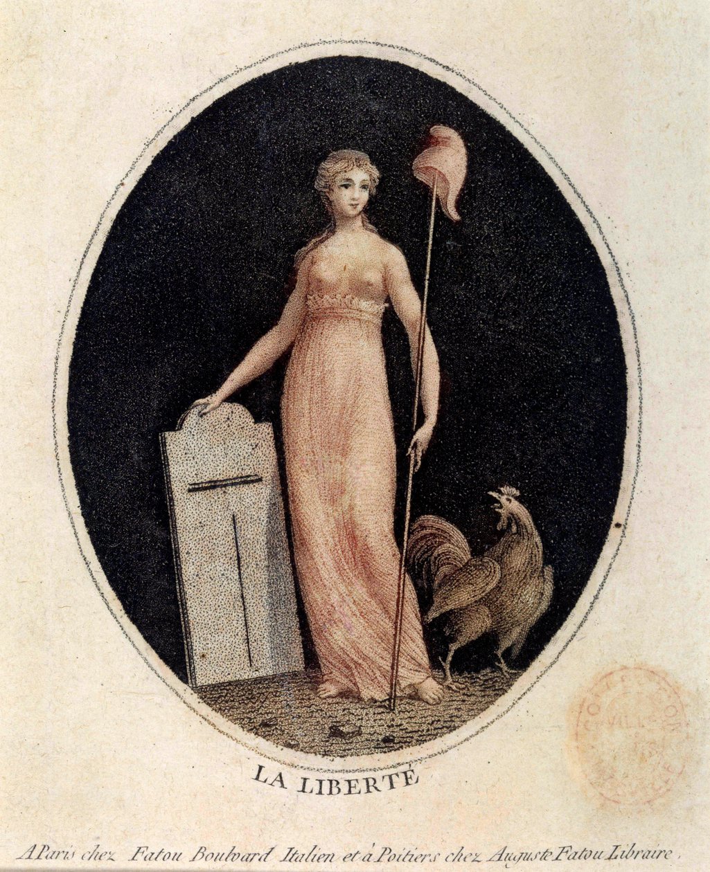 Franska revolutionen: allegori om frihet under en kvinnas drag, bärande en frygisk mössa på ett spjut, med en tupp vid hennes fötter. Tryck från slutet av 1700-talets Paris, Musee Carnavalet av French School