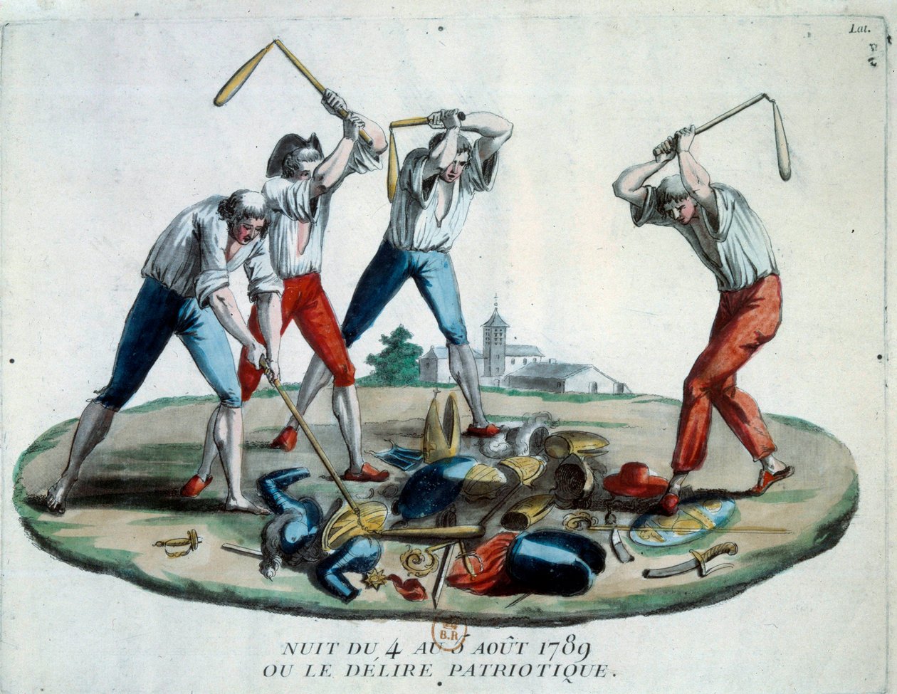 Franska revolutionen: allegori om natten den 4/08/1789 där de feodala privilegierna och rättigheterna avskaffades. Medlemmar av Patriotfolket förstör symbolerna för adel, präster och rustningar. Gravyr från 1789. Paris, Arsenals bibliotek av French School