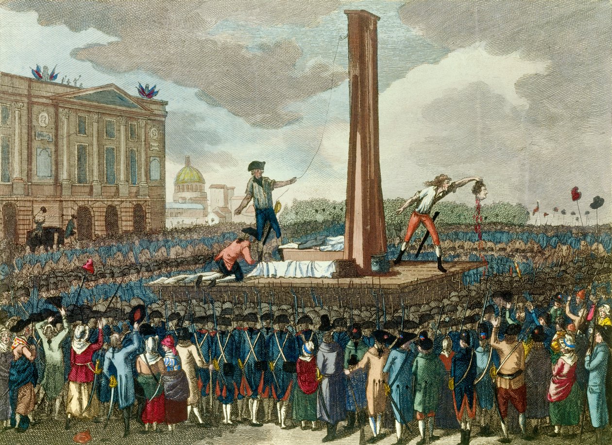 Franska revolutionen: avrättning i giljotinen av kung Ludvig XVI (1754-1793), bödeln visar upp sitt avhuggna huvud. Gravyr efter ritning av Fious. 18:e århundradet. Paris, Musee Carnavalet av French School