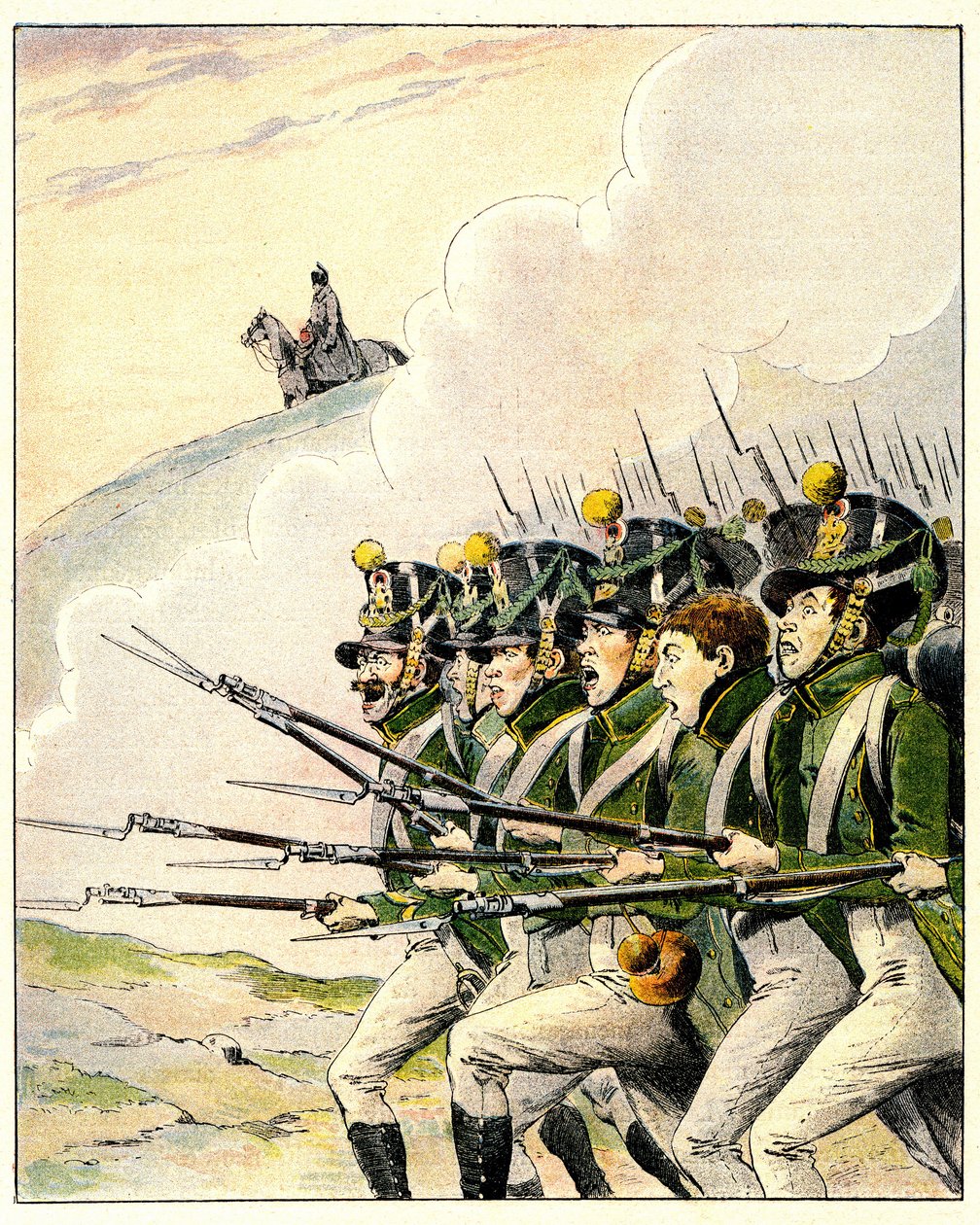 Franska soldater under slaget vid Waterloo (färg litho) av French School