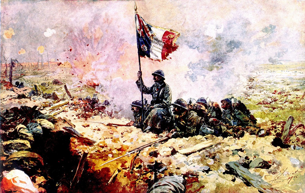 Franska soldater under slaget vid Somme 1916 (målning) av French School