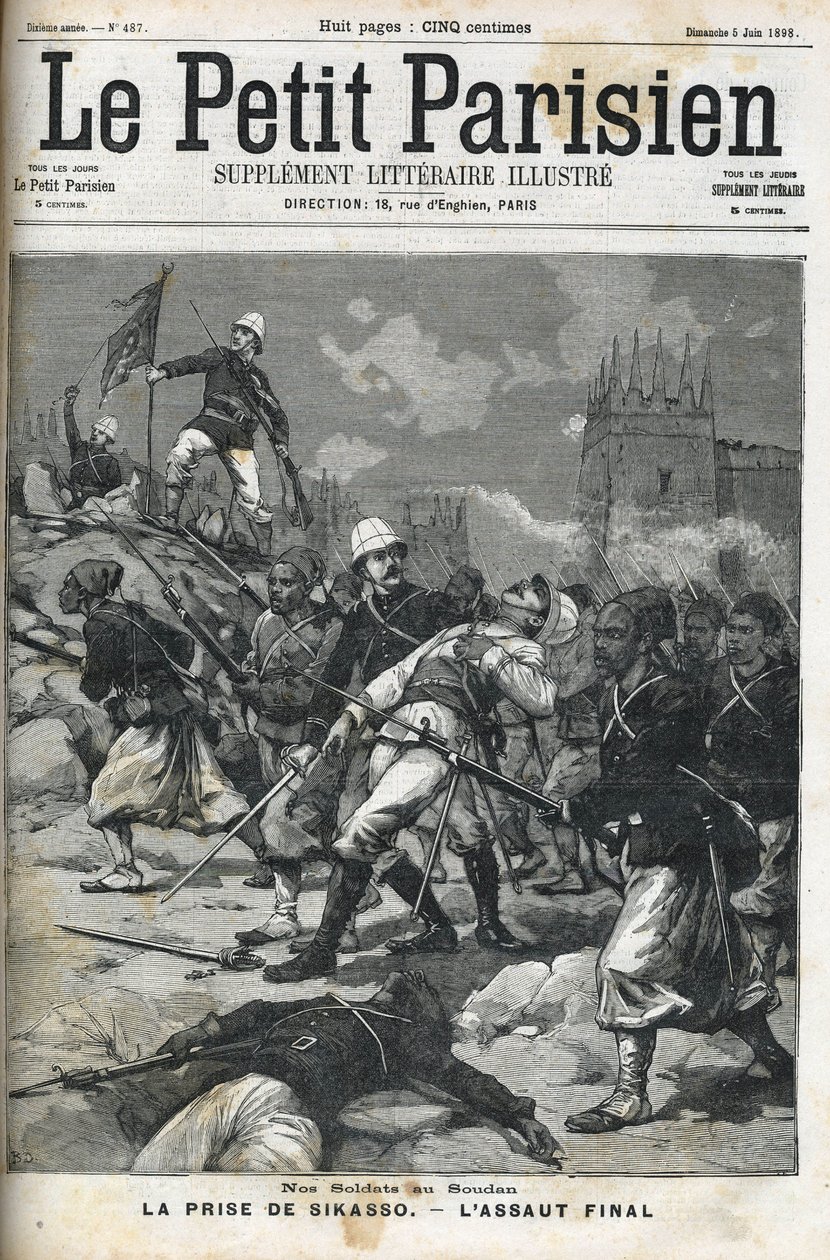 Franska soldater i Sudan: maj 1898. Sack of Sikasso av överste Audeoud (Sudan). Fångandet av Sikasso. Omslag till "" Le petit parisien""" från juni 1898. av French School
