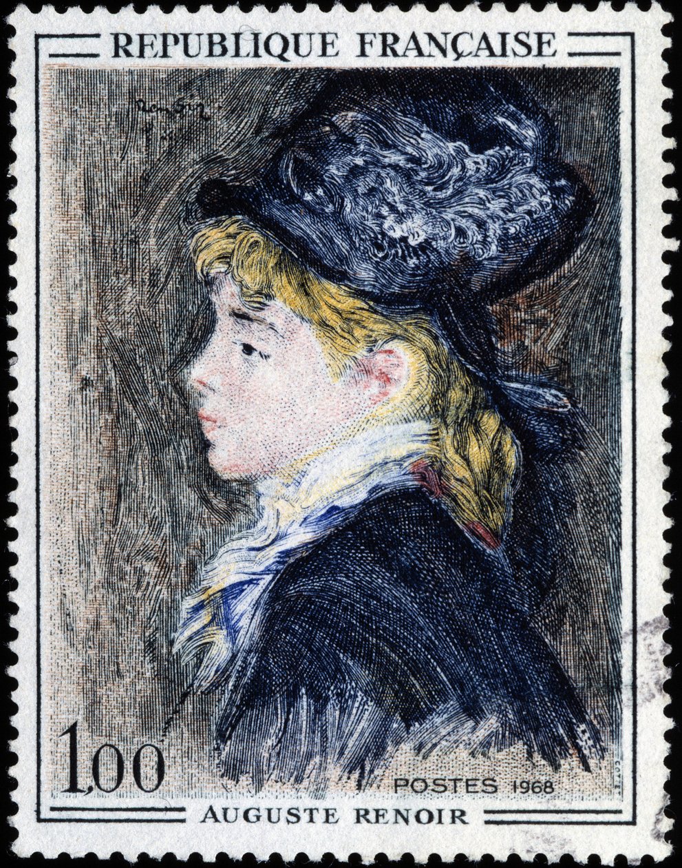 Franskt frimärke med målning av Auguste Renoir av French School