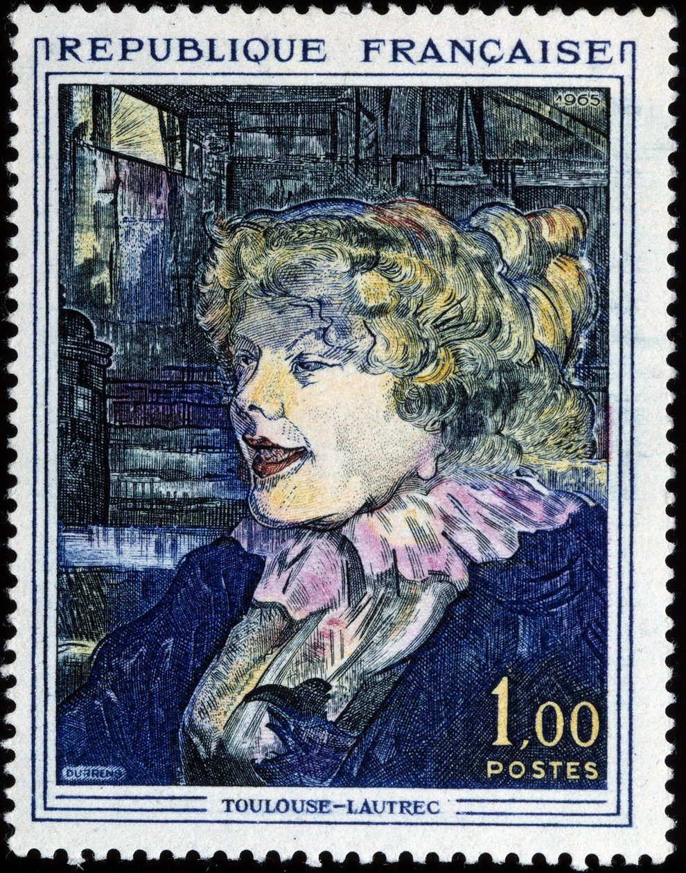 Franskt frimärke med målning av Toulouse Lautrec av French School