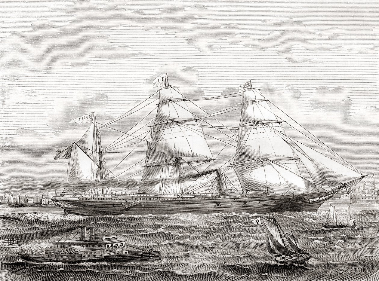 Franska ångdrivna transatlantiska linjefartyget Pereire (1866-1888), från Les Merveilles de la Science, pub.1870 av French School