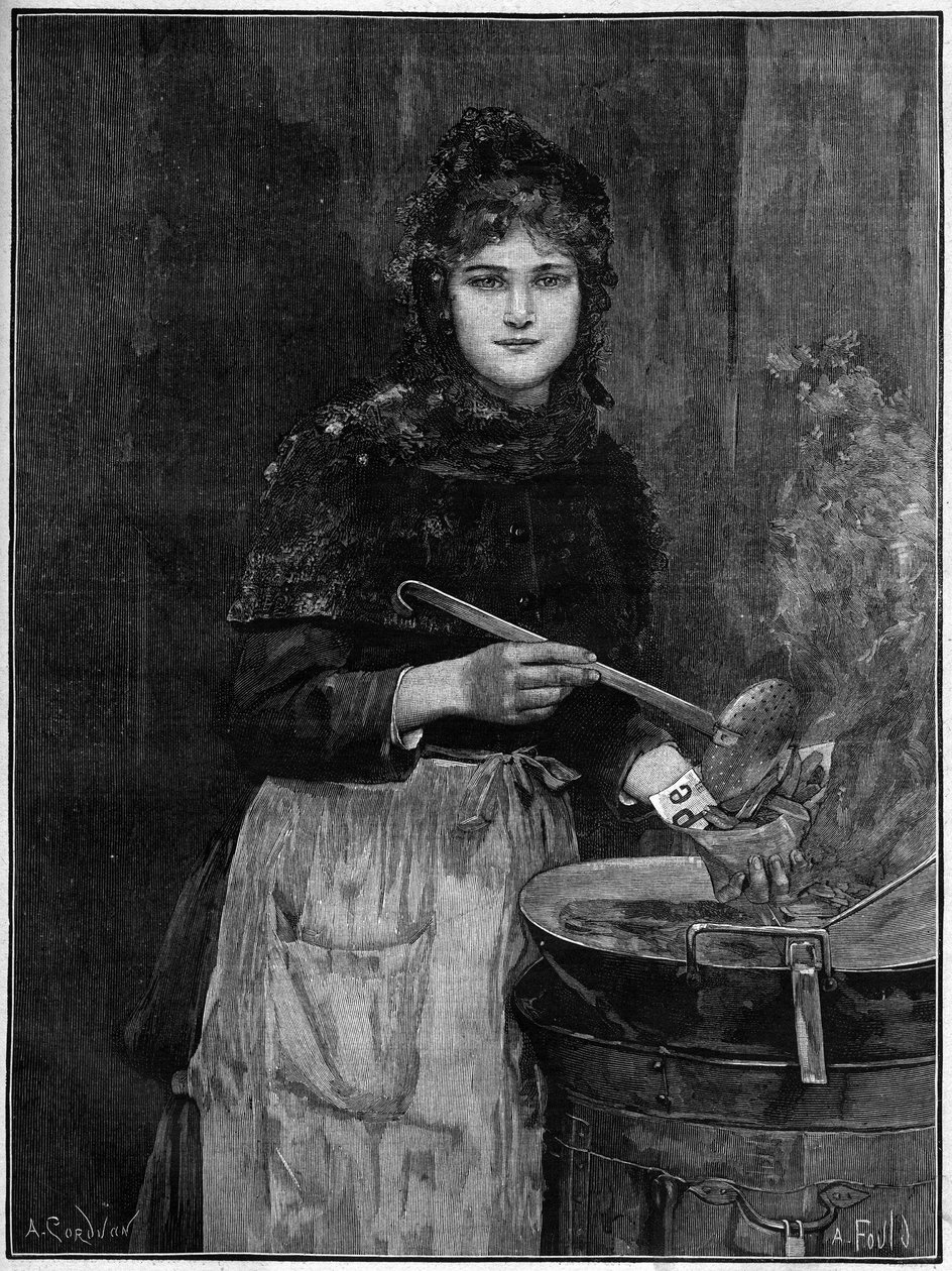 Stekt potatishandlare; 1888 gravyr från Achilles Foalds målning. av French School