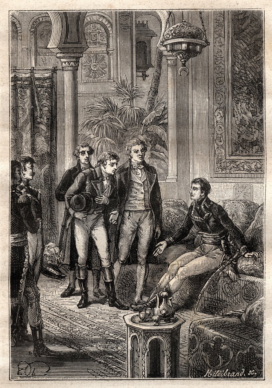 Friedrich Konrad Hornemann (1772-1801) träffade Napoleon Bonaparte i Kairo 1797 i närvaro av Gaspard Monge (1746-1818) och Claude Louis Berthollet (1748-1822) - illustration hämtad från "The Great Mariners of the 18th century" av French School