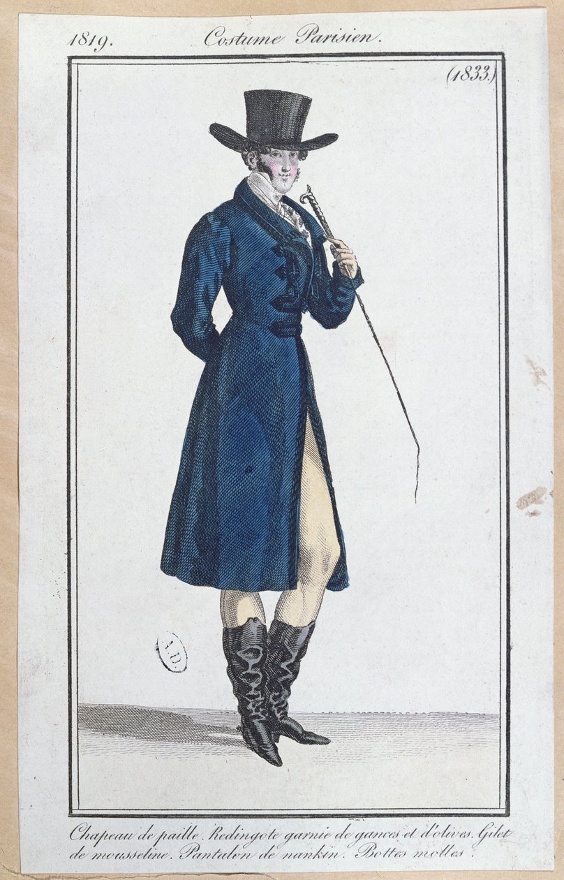 Klänning med stråhatt, nankeen-byxor och mjuka stövlar, 1819 av French School