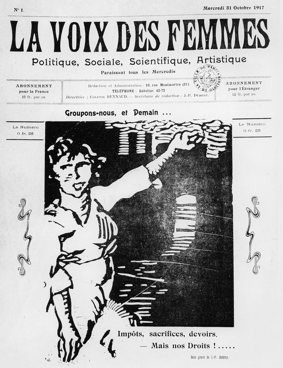 Framsidan av La Voix des Femmes, publicerad i Paris, oktober 1917 (tryckt papper och träsnitt) av French School