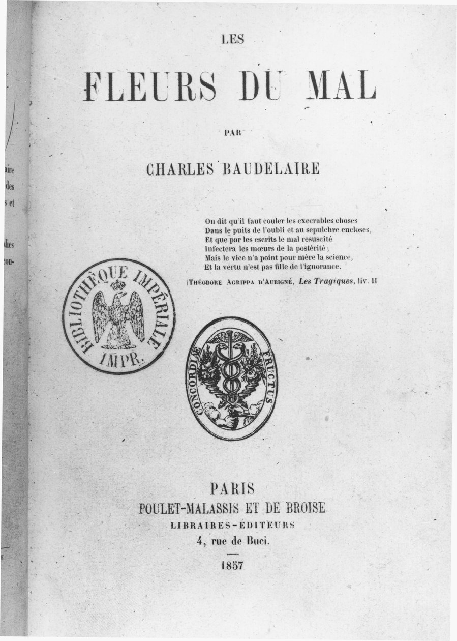 Framsidan av den första upplagan av Les Fleurs du mal av Charles Baudelaire (1821-67) utgiven av Poulet-Malassis et de Broise, 1857 av French School