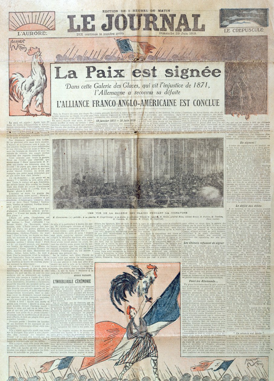 Framsidan av Le Journal firar undertecknandet av Versaillesfördraget den 28 juni 1919, 29 juni 1919 av French School