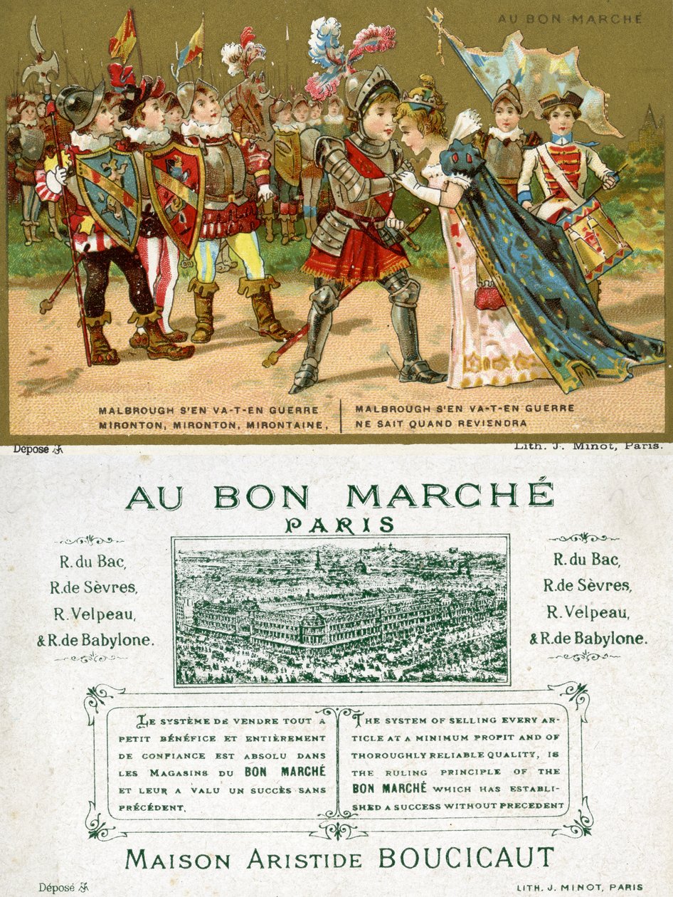 Fram- och baksidan av ett reklamkort för det parisiska varuhuset Au Bon Marché, föreställande en av de mest populära folksångerna på det franska språket, Marlbrough sen va-t-en guerre (Marlborough av French School