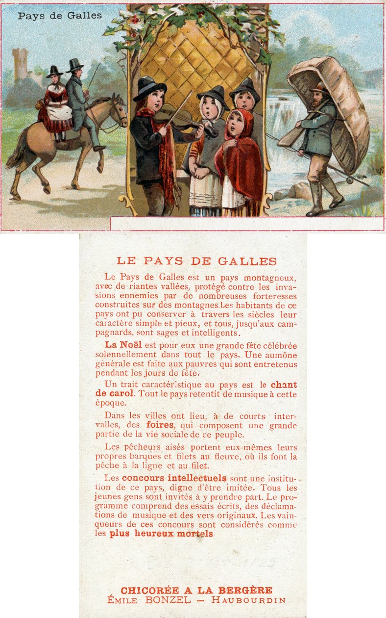Fram- och baksidan av ett reklamkort för drycken Chicorée à la Bergère med skildringar av livet i Wales, ca 1890 (se även 488433) av French School