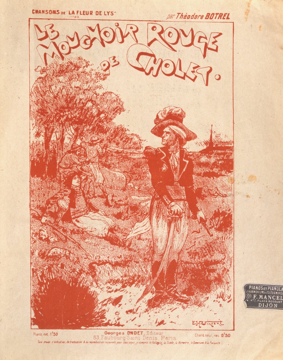 Främre omslag till noten till låten Le Mouchoir Rouge de Cholet, skriven och komponerad av Theodore Botrel av French School