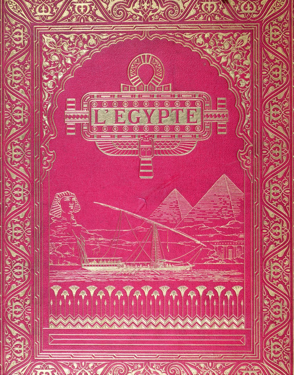 Framsidan av LEgypte av G. Ebers, publicerad i Paris, 1880 (rött läder och guld) av French School