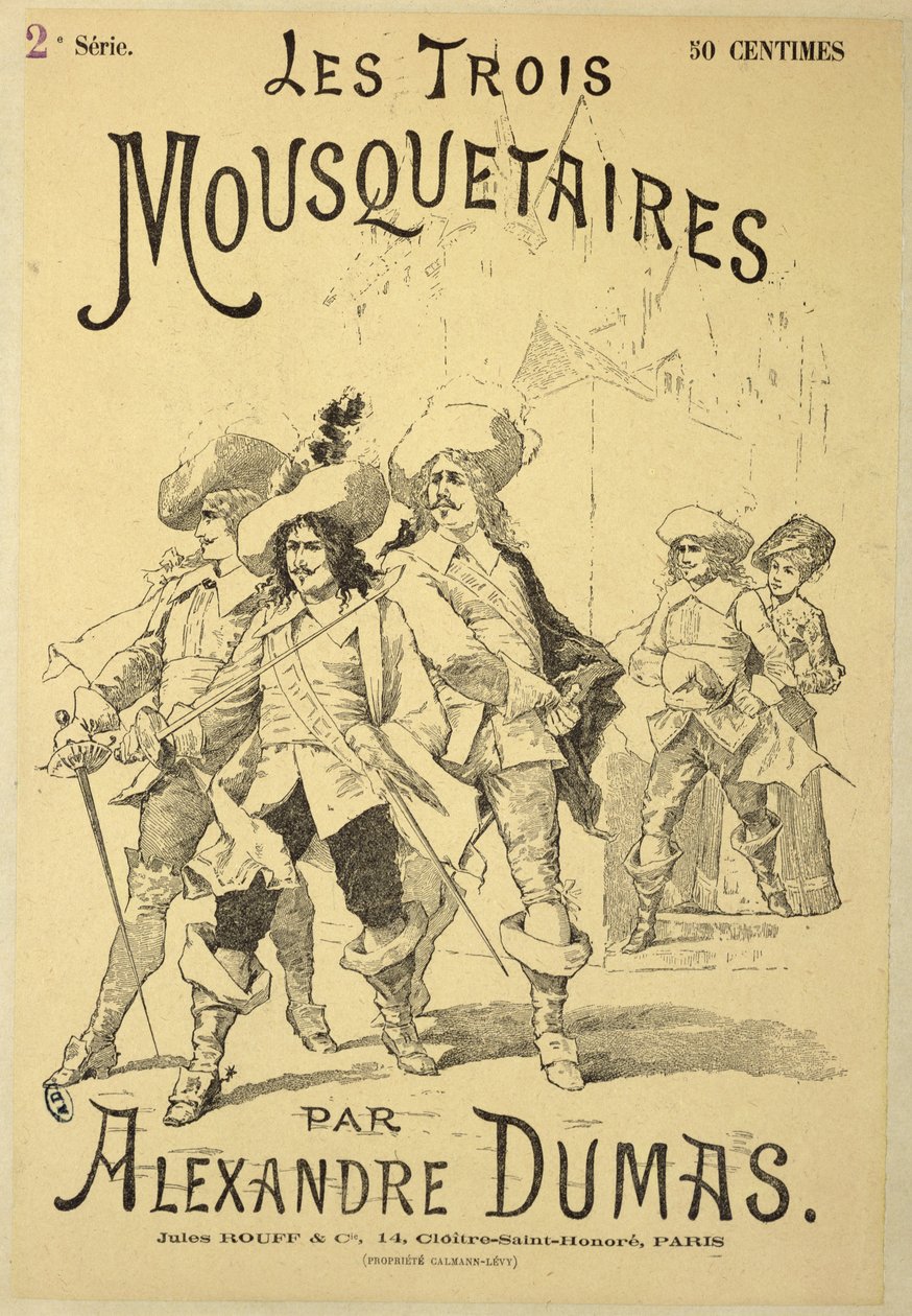 Framsidan av en serialisering av De tre musketörerna av Alexandre Dumas pere (1803-70) sent 1800-tal av French School