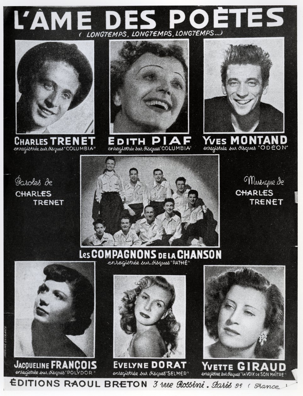 Framsidan av partituret till låten LAme des Poetes med ord och musik av Charles Trenet, publicerad i Paris av Editions Raoul Breton av French School