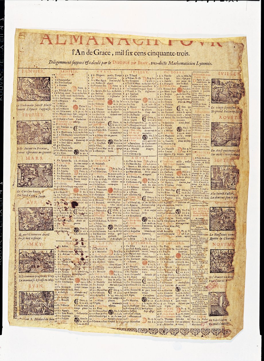 Framsidan av en almanach för 1653 (bläck på papper) av French School