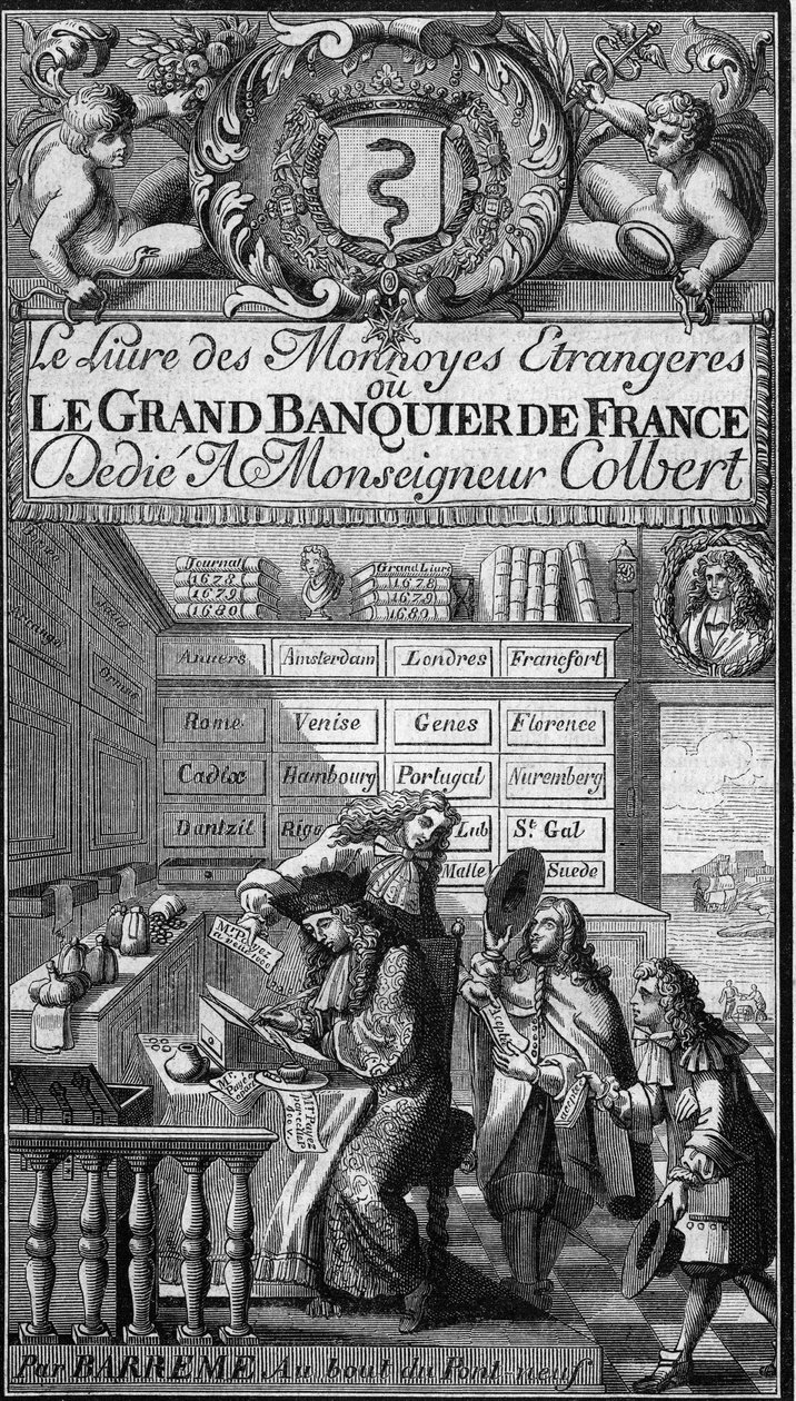 Frontispice av "Boken om utländska valutor eller Frankrikes store bankir" (1687) av Francois Barreme (1638-1703), fransk matematiker. Den pennskrivande karaktären är förmodligen ett porträtt av författaren. Gravyr i ""The Picturesque Store"" av French School