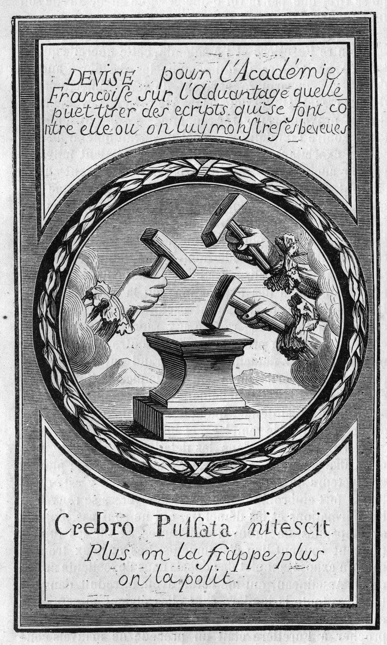 Frontispice of the "Factums" mot den franska akademin av Antoine Furetiere (1619-1688). Gravyr från 1860. av French School