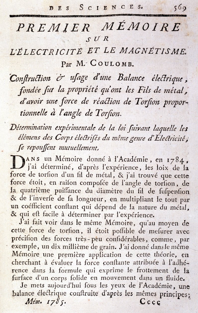 Frontispice av boken "" Första memoarer om elektricitet och magnetism"" av Coulomb av French School
