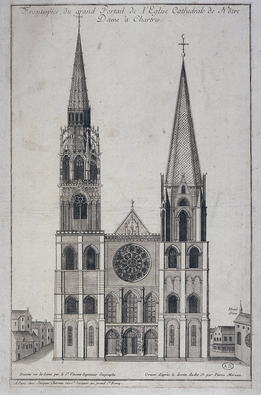 Frontispice av den stora portalen till kyrkan Cathedrale de Notre Dame à Chartres, designad på plats av Saint Vincent Geographer Engineer, sd. 1800-talet av French School