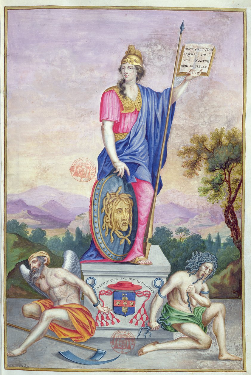 Frontispice allegorisk illustration av gudinnan Minerva från Les Panegyriques des Hommes Illustres de Notre Siecle av Puget de la Serre, 1655 av French School
