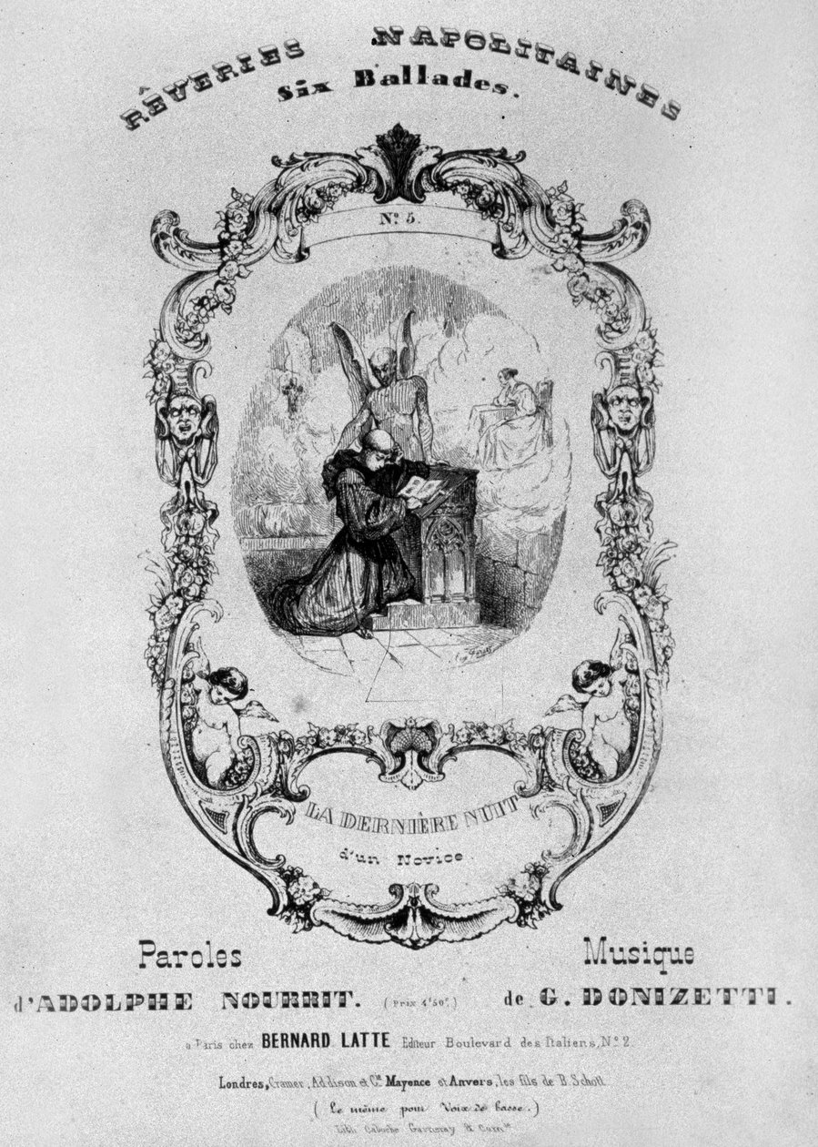 Frontispice för partituren av Reveries Napolitaines, 6 ballader av Gaetano Donizetti med ord av Adolph Nourrit, 1838 av French School