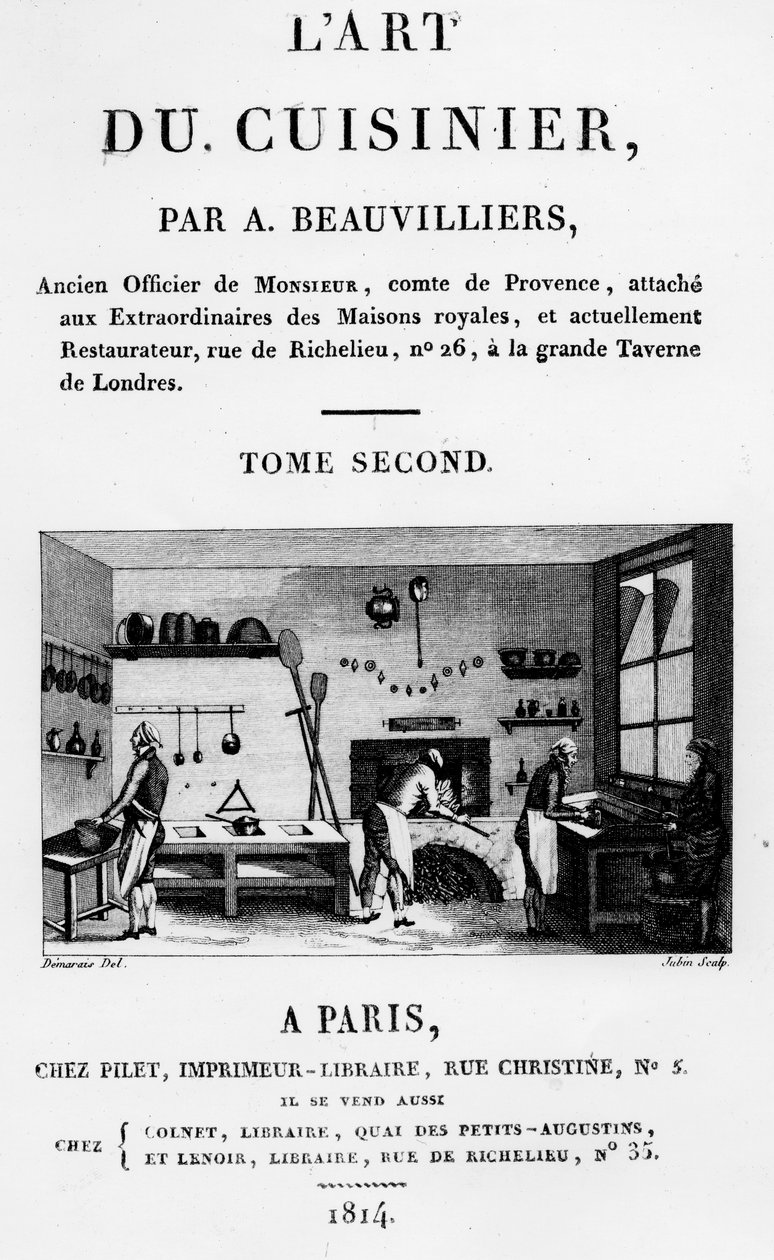 Frontispice från LArt du Cuisinier av Antoine Beauvilliers, graverad av Jubin, publicerad 1814 av French School