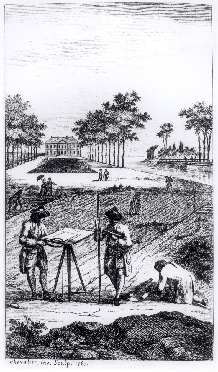 Frontispice från La Science de lArpenteur av Dupain de Montesson (ca 1720-90) publicerad i Paris, 1766 av French School