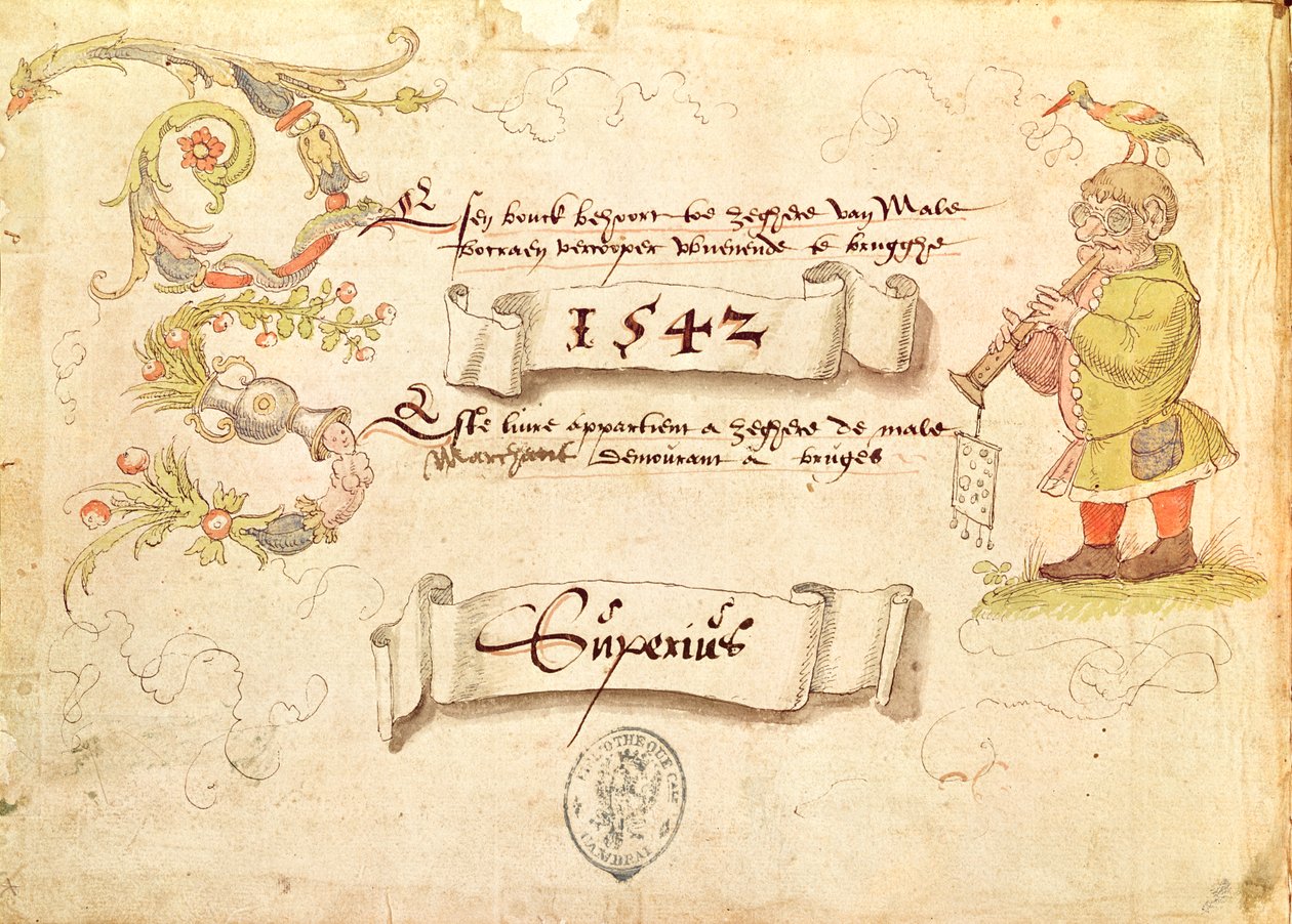 Frontispice från Recueil de chants religieux et profanes IX föreställande en man med glasögon som spelar ett blåsinstrument med en fågel på huvudet, 1542 av French School