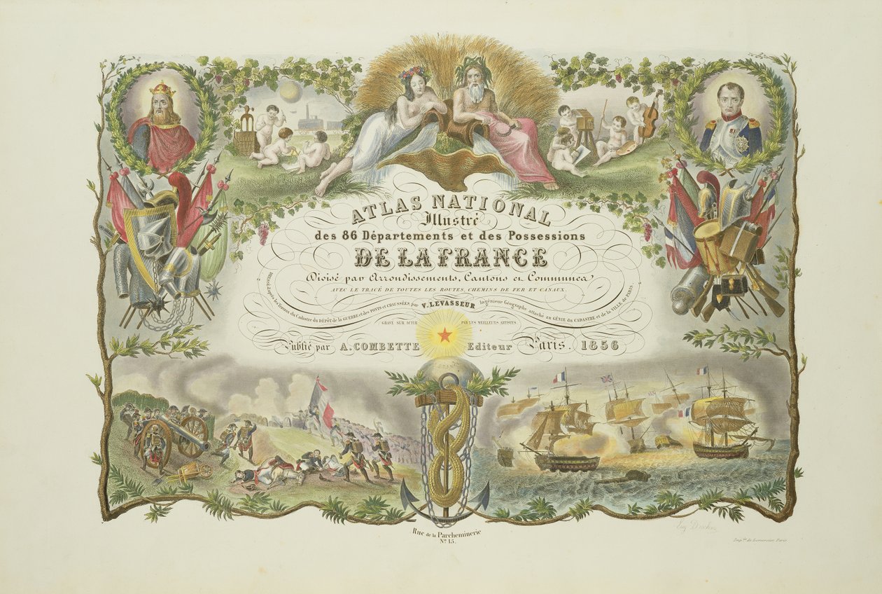 Frontispice av Atlas Nacional Illustre des 86 Departments et des Possessions de la France, av Victor Levasseur 1856 (handfärgad gravyr) av French School