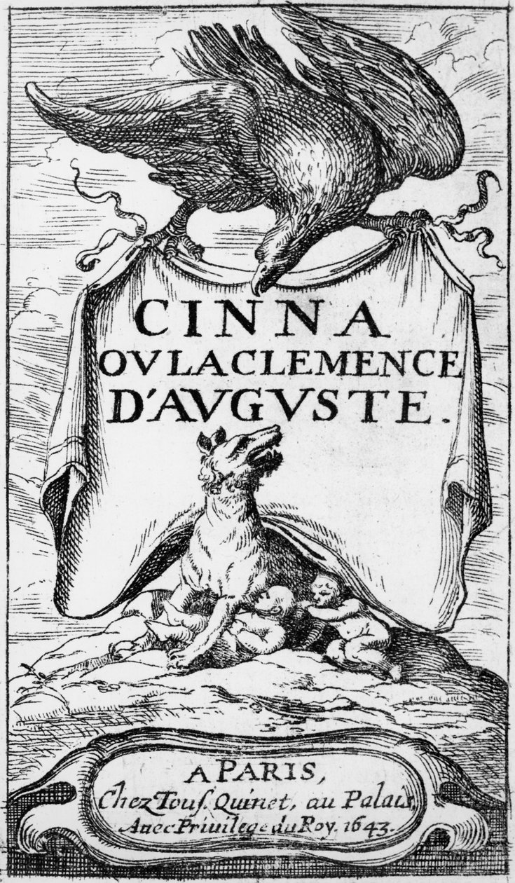 Frontispice av Cinna ou la Clemence dAuguste av Pierre Corneille (1606-84) publicerad 1643 av French School
