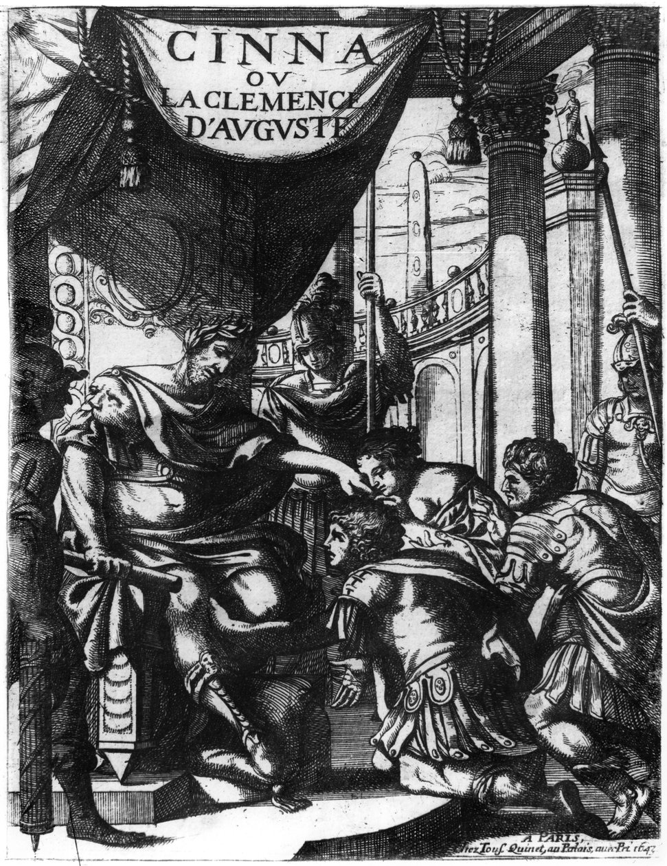 Frontispice av Cinna ou la Clemence dAuguste av Pierre Corneille (1606-84) publicerad 1643 av French School