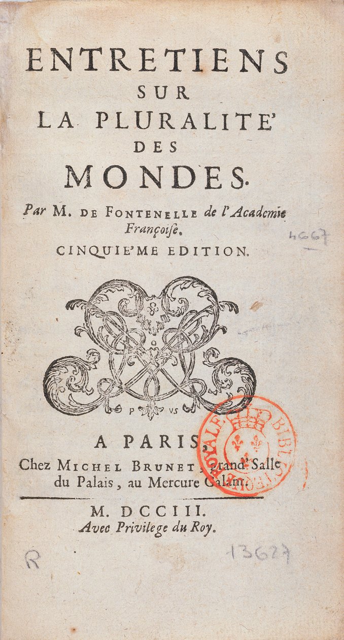 Frontispice of Interviews on the Pluralite of Worlds, skriven av Bernard Le Bovier de Fontenelle (1657-1757), publicerad 1773 av French School
