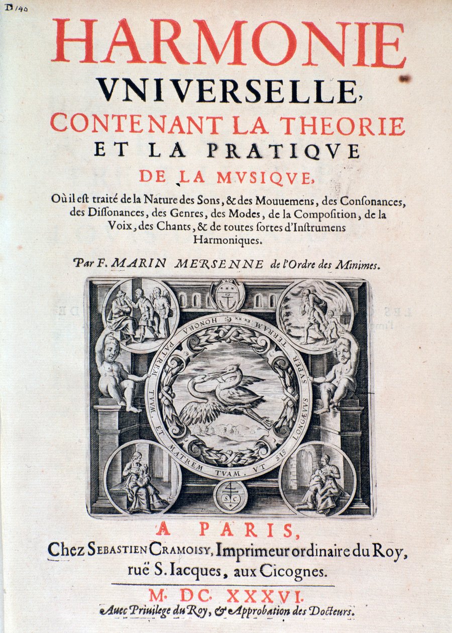 Frontispice av Harmonie universelle som innehåller teori och praktik av musik av Marin Mersenne (Marin Mersennus eller le Pere Mersenne) (1588-1648), 1637. av French School