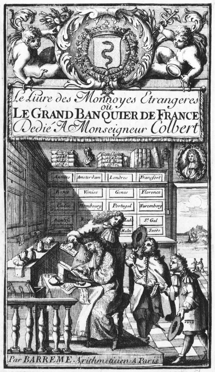 Frontispice av Le Grand Banquier de France ou Le Livre des Monnaies Etrangeres av Bertrand Francois Barreme (1640-1703) sent 1600-tal av French School