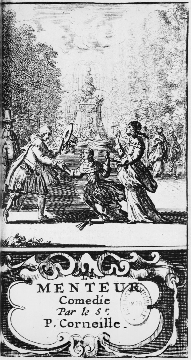 Frontispice of The Liar av Pierre Corneille (1606-84) publicerad 1664, Amsterdam av French School