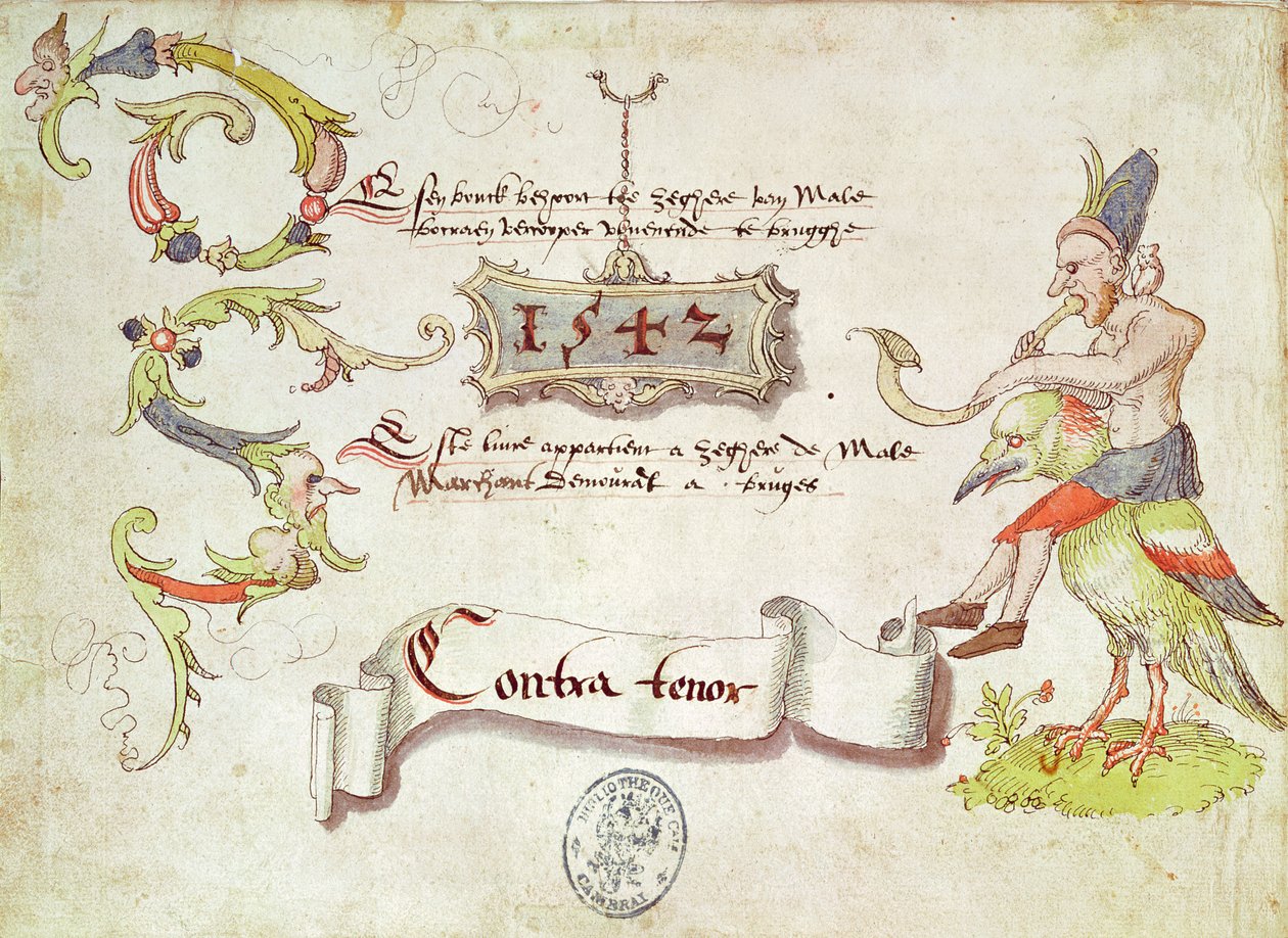Frontispice av Recueil de chants religieux et profanes II föreställande en man som spelar ett krökt blåsinstrument, rider på en fågel, kontratenorstämma, 1542 av French School