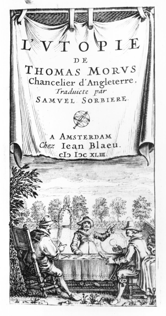 Frontispice av The Utopia of Thomas More (1478-1535), Englands kansler, översatt av Samuel Sorbiere, pub. av Jan Blaeu (d.1673) i Amsterdam, 1643 av French School