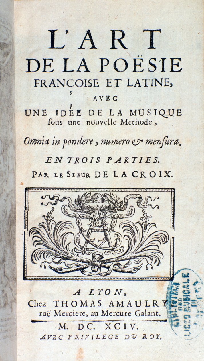 Frontispice av The art of French and Latin poetry, med en idé om musik under en ny metod av Pherotee La Croix av French School