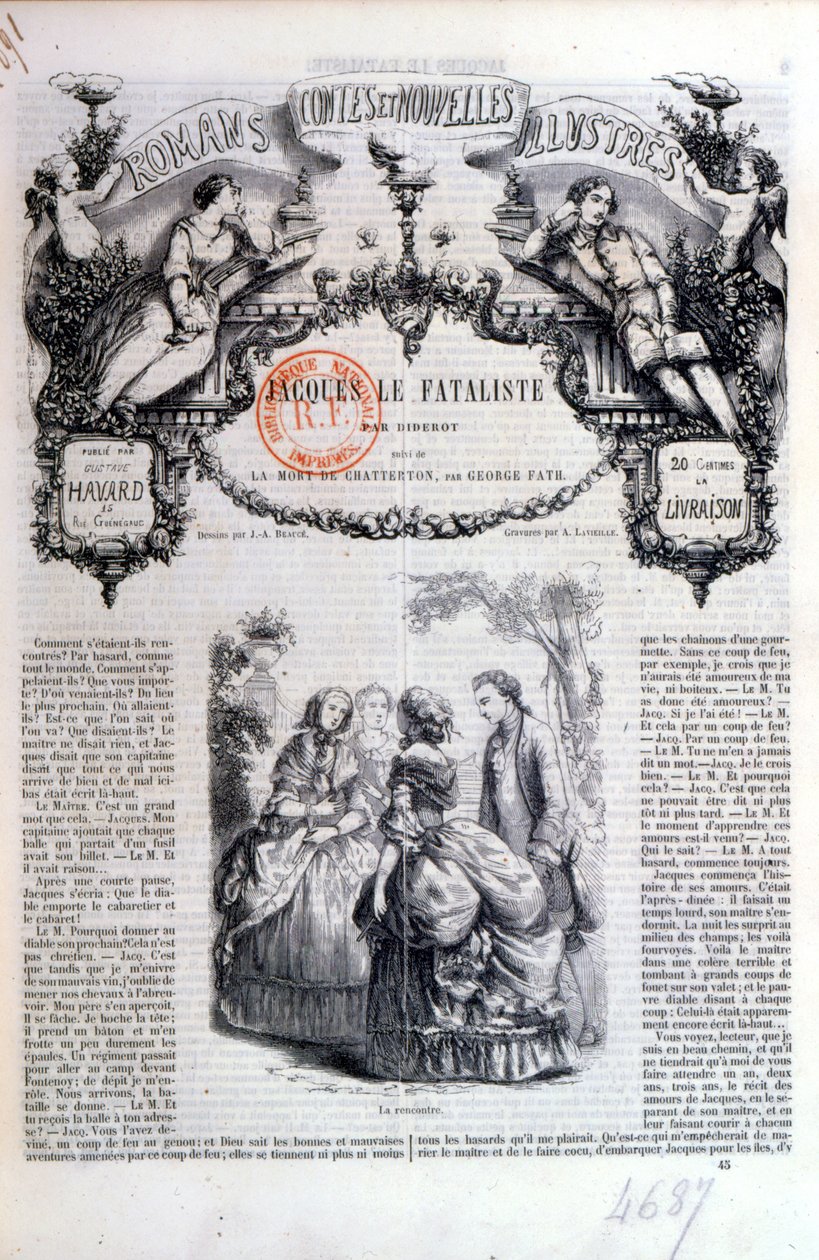 Frontispice av en samling romaner och berättelser med Jacques le Fataliste av Diderot, publicerad i Paris 1849 av French School