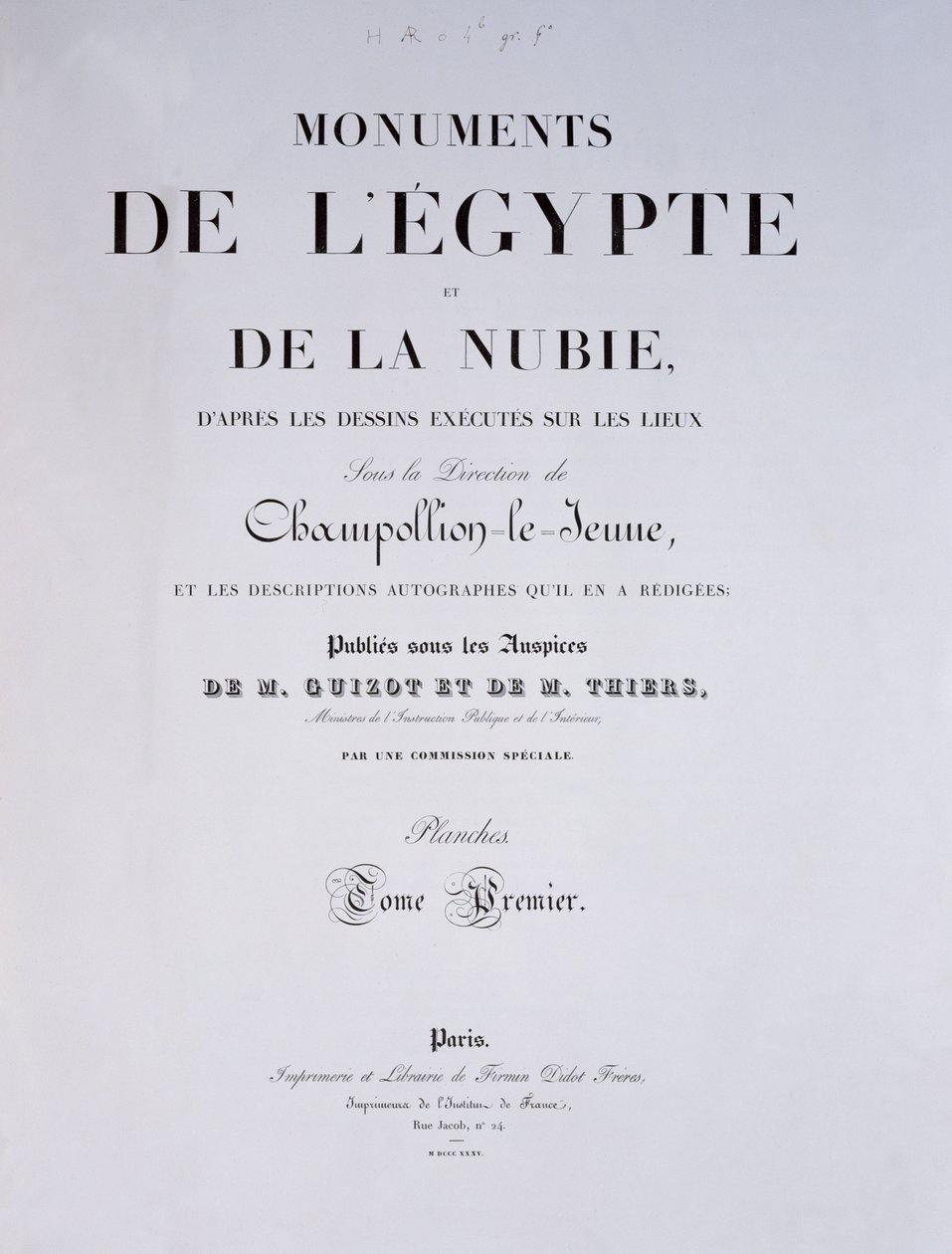 Frontispice av 1:a volymen av Monuments de lEgypte et de la Nubie av konstnären, publicerad i Paris av Firmin-Didot, 1835 av French School