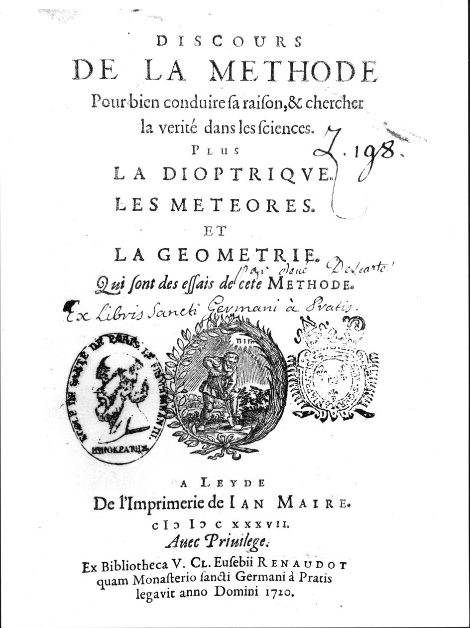 Frontispice av Discours de la Methode följt av La Dioptrique, Les Meteores et La Geometrie av Rene Descartes (1596-1650), först publicerad i Leiden 1637 av French School