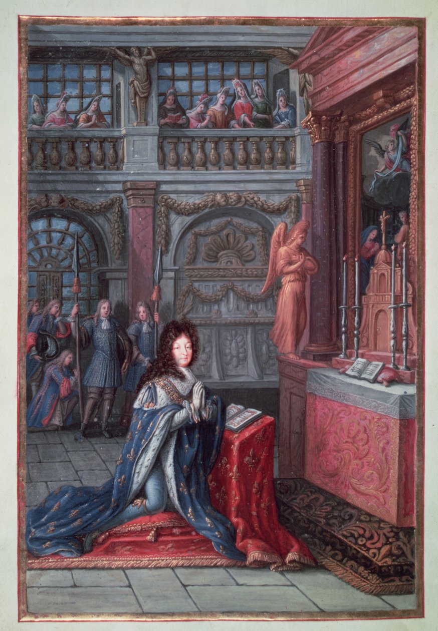 Frontispekt av Ludvig XIV:s timmar som föreställer Ludvig XIV (1638-1715) i bön. av French School