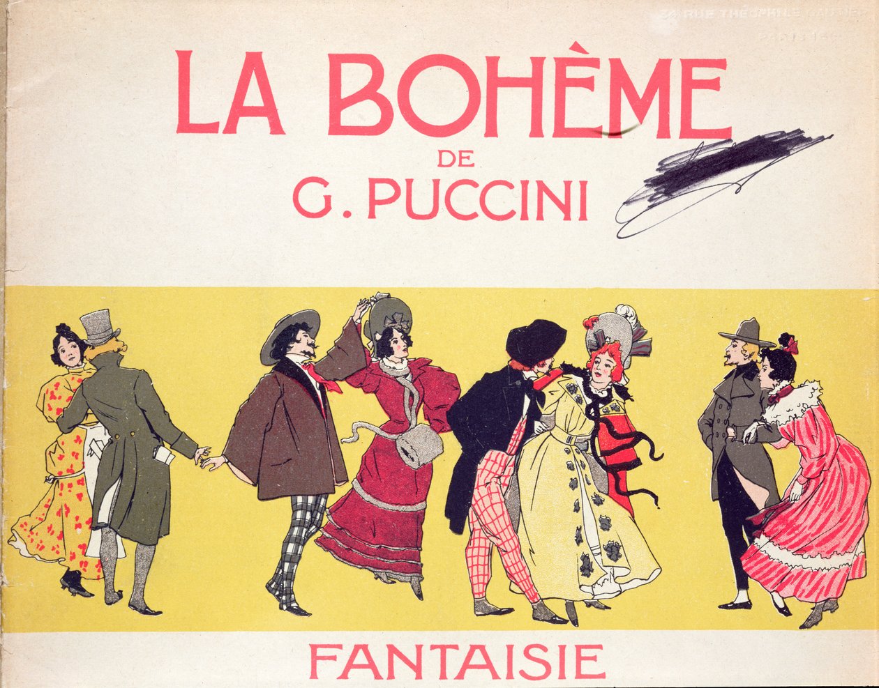Frontispice på notbladet för La Boheme av Puccini, tidigt 1900-tal av French School