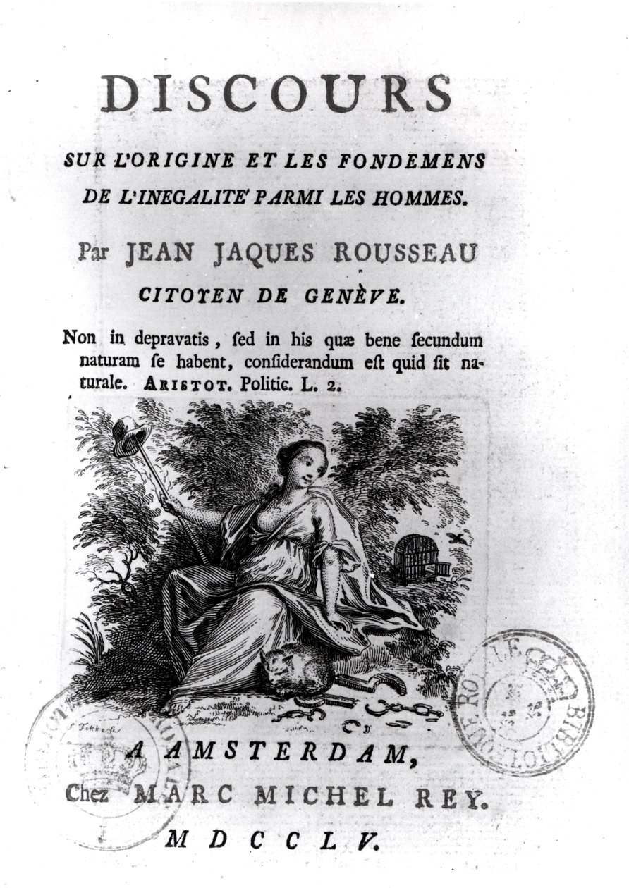 Frontispice till diskurs om ursprunget och grunderna för ojämlikhet bland män av Jean-Jacques Rousseau (1712-78) c.1755 av French School