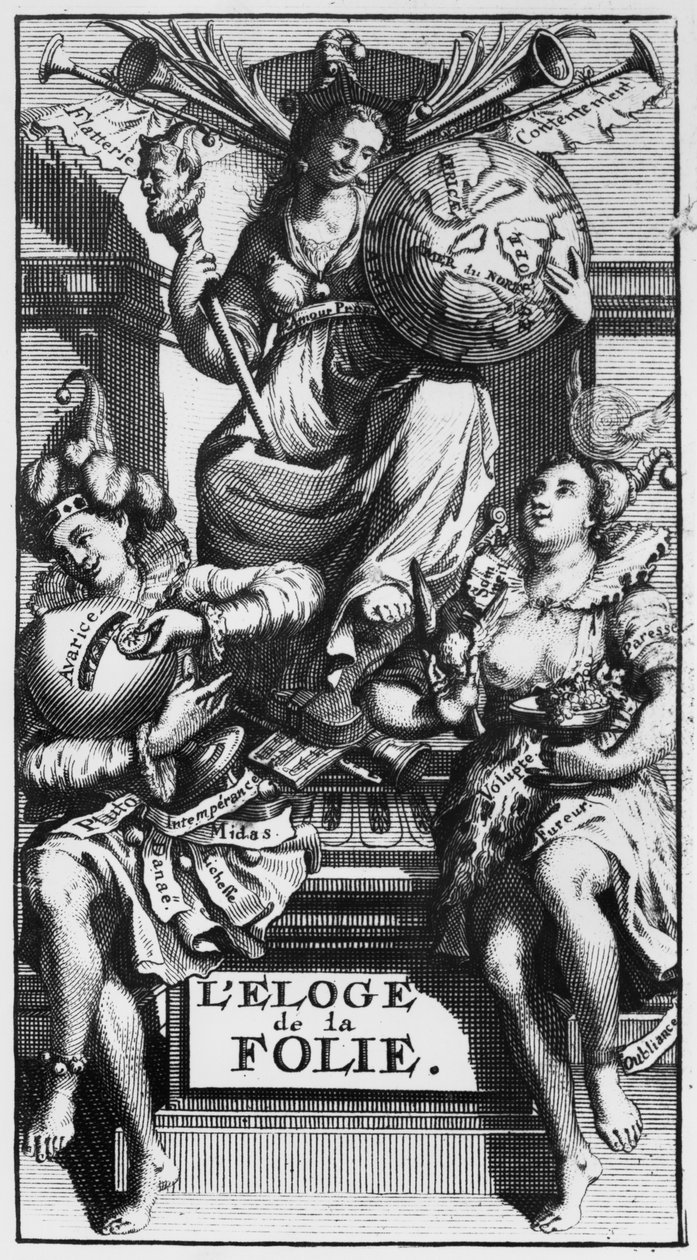 Frontispice till In Praise of Folly av Desiderius Erasmus av French School